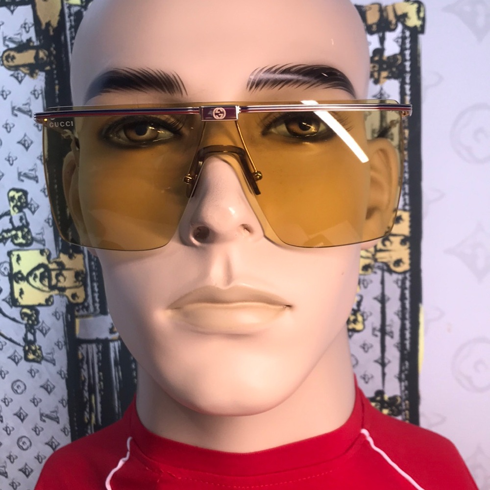 New Authentic GG1096S 003 Sunglasses by Gucci™ Shield, Material: Metal, Rimless.